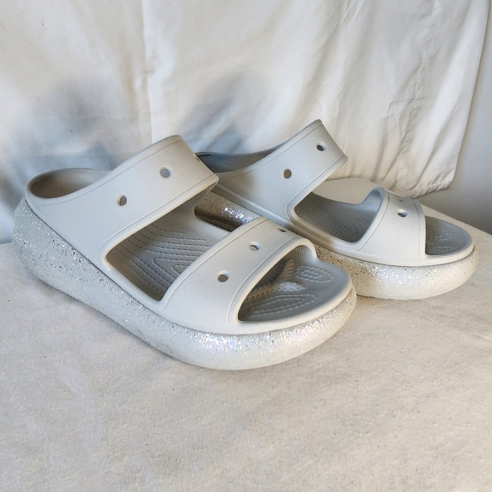 Crocs M7 W9 White Glitter Platform Sandals Comfortable Slip On Shoes Womens